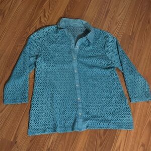 Teal Lace Crochet Button-Up Long Sleeve Lace‎ Blouse Vintage Y2k Cottagecore